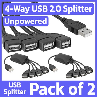 2 Pack 4-Port USB Hub 4-Way USB 2.0 Type-A Splitter Mac PC Laptop HDTV TV-Box