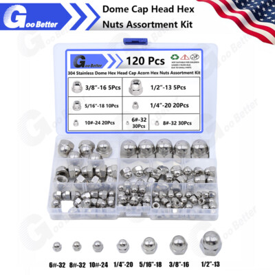120Pcs 304 Stainless Steel Serrated SAE Acorn Cap Nuts Hex Dome Cap Assortmen