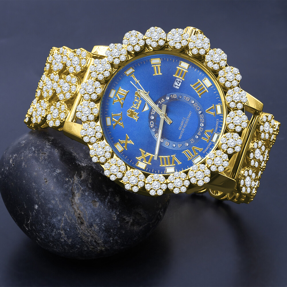 Pre-owned Icy Men Blue Sapphire Real Diamond Roman Dial Flower Band Bezel Gold Tone Watch