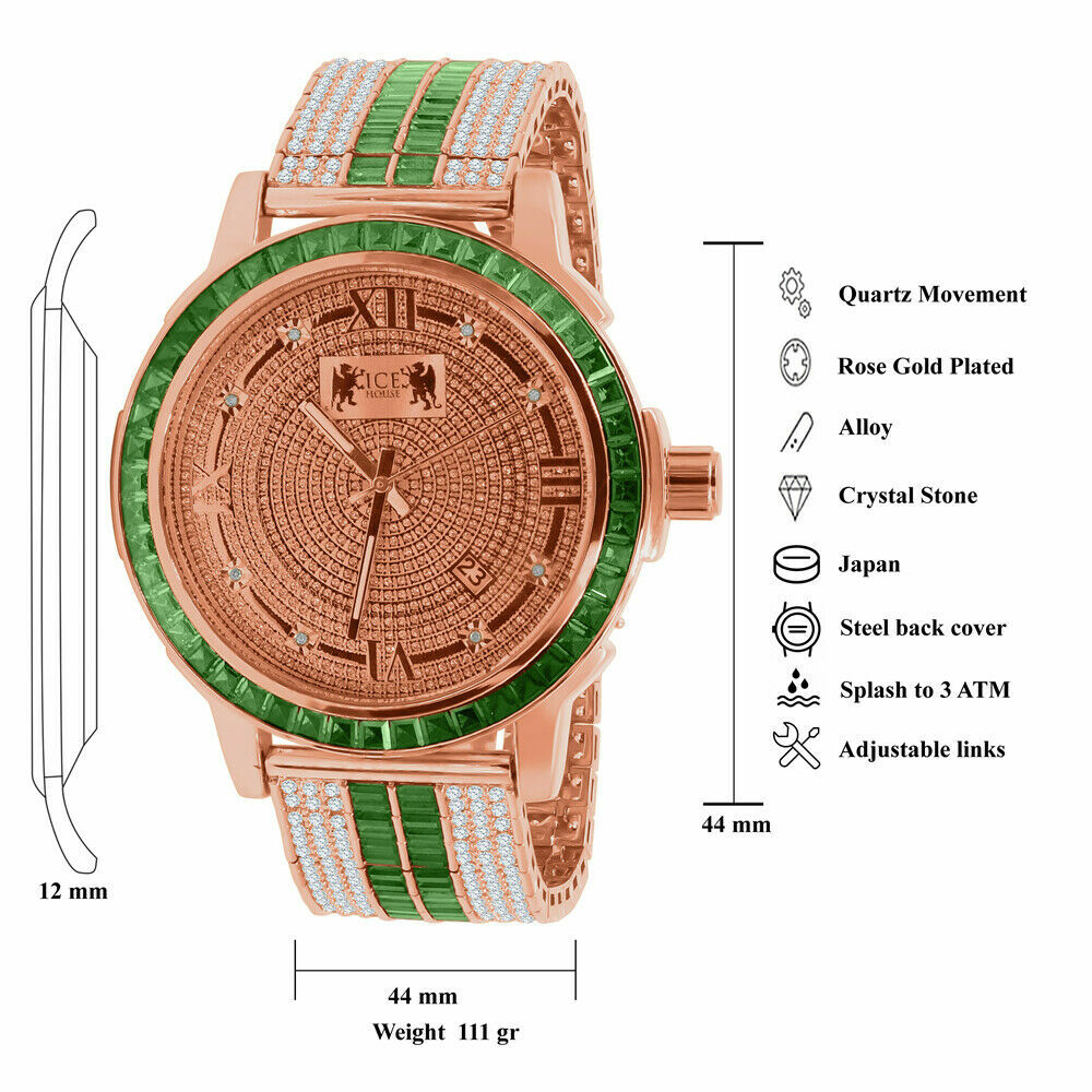 Pre-owned Ice House Rose Gold Real Diamond Dial Stainless Steel Custom Bezel Green Adjustable Watch