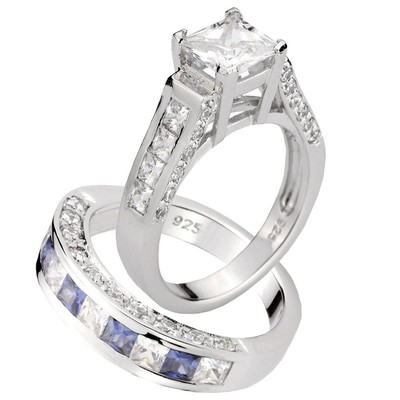 3.8CT Sterling Silver Princess Cut CZ Blue Cubic Zirconia Bridal Ring Sets