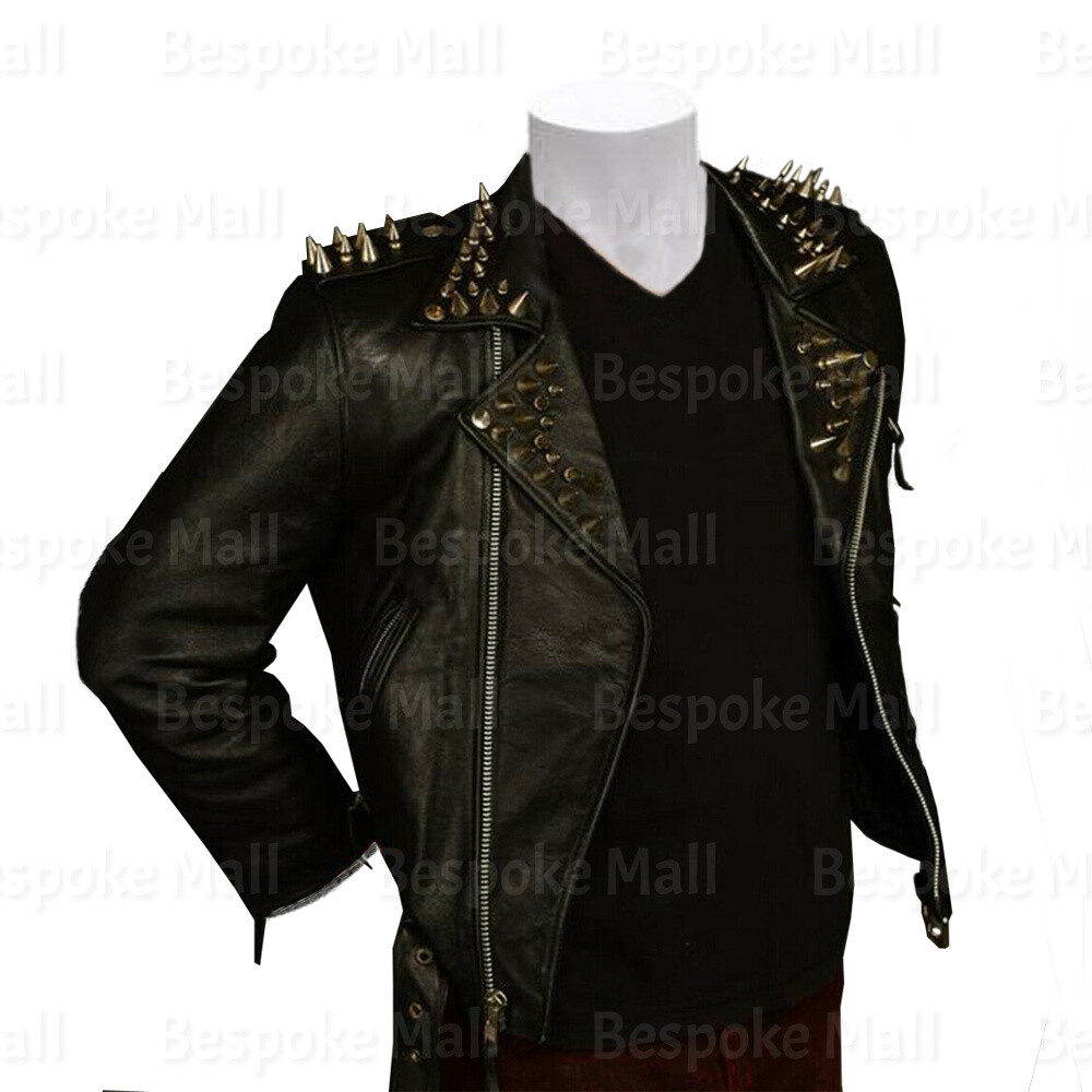 Pre-owned Handmade Men's Black Silver Spiked Studded Brando Cowhide Biker Leather Jacket-313