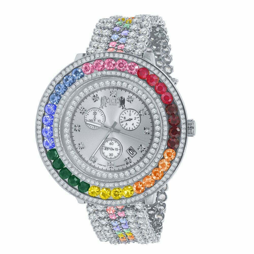 Pre-owned Ice House Mens Custom Watch Rainbow Multi Tone Real Diamond Dial 18k White Gold Finish Xxl