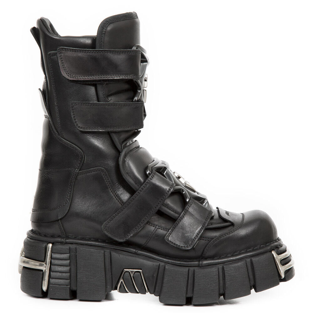 Pre-owned New Rock Rock Boots M-422-s1 Unisex Metallic Black Leather Platform Gothic Boots