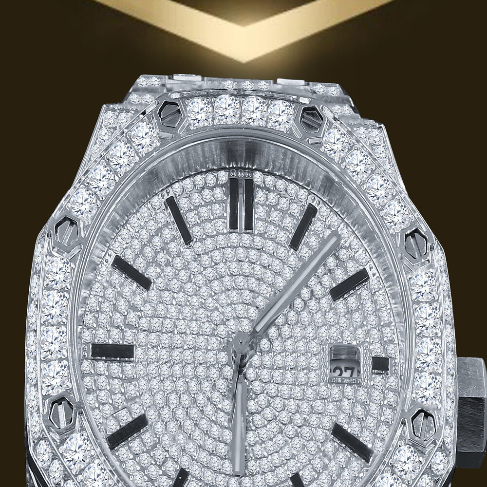 Pre-owned Bling Master Men's Full Steel Baguette Yellow Gold Tone Finish Simulated Diamond 42 Mm Watch