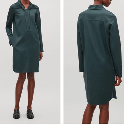 COS green gathered-neck wool dress