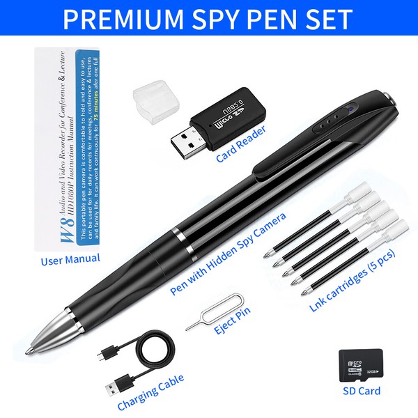 Premium spy pen set with hidden camera and accessories.