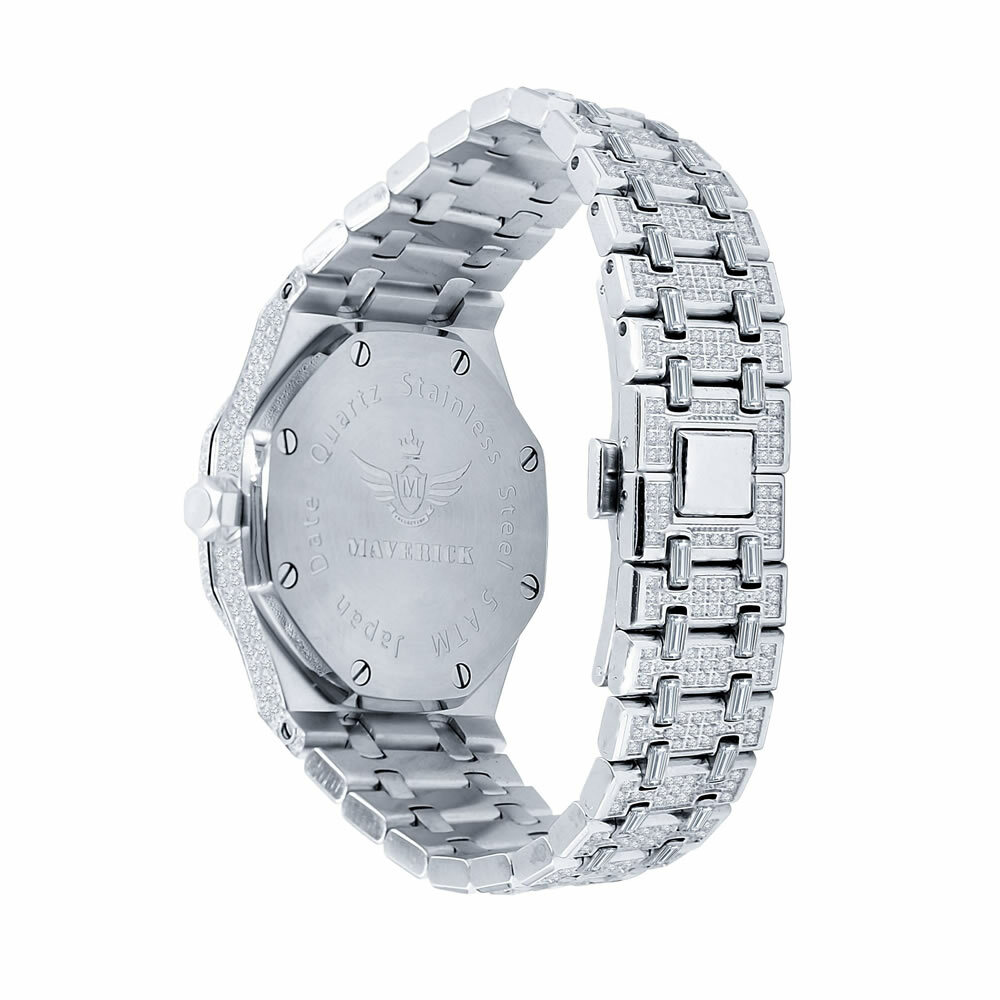 Pre-owned Bling Master Full Steel Baguette Men's White Gold Tone Finish Simulated Diamonds 42 Mm Watch