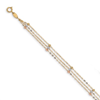 Pre-owned Superdealsforeverything Real 14kt Tri-color 3-strand Diamond-cut Beaded 9in Plus 1in Extender Anklet