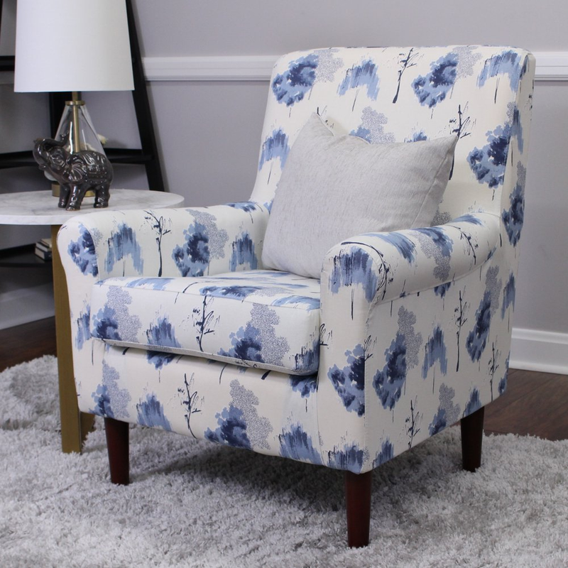 Lounge Accent Chair Square White Blue Floral Polyester Fabric Rolled Armrest