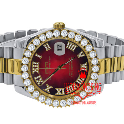 Pre-owned Bling Master 18k 2 Tone Gold Solid Steel Red Dial Simulated Diamond Presidential Mens Watch