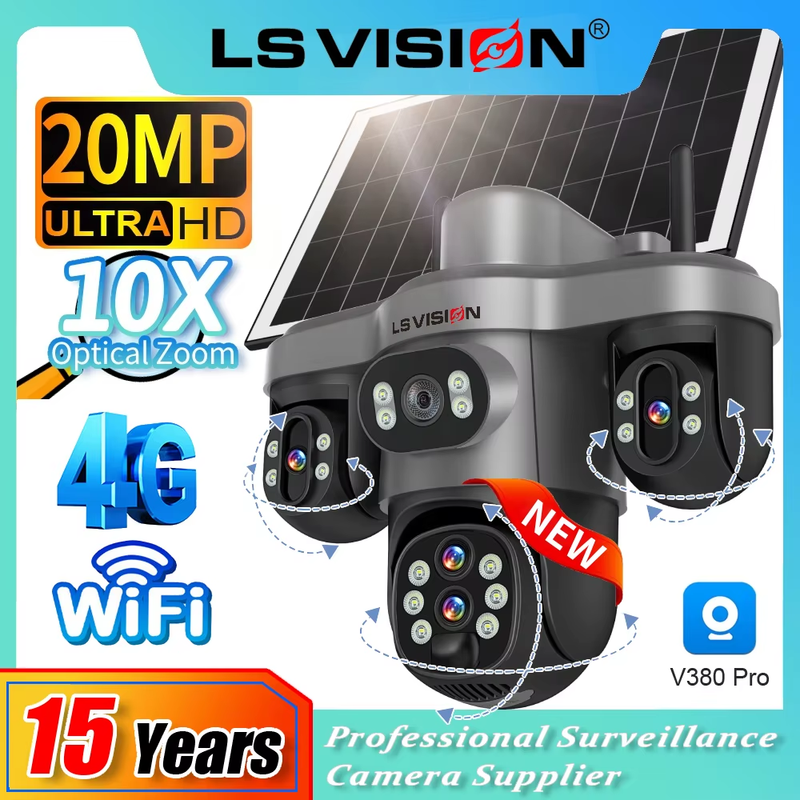 V380 Pro 4 Lens 10X Optical Zoom Solar Camera Outdoor 20MP 3 Screens 4G Wifi Sec