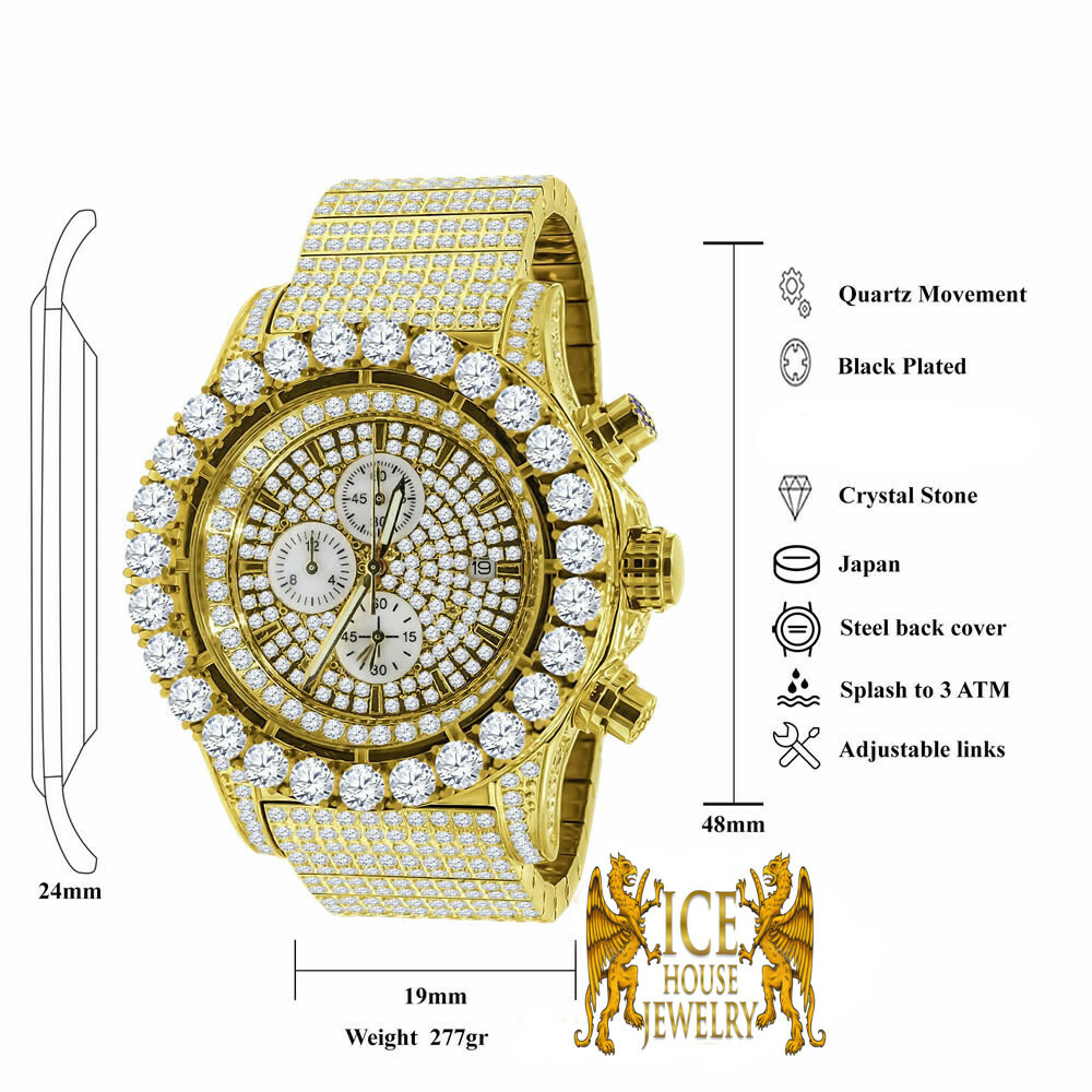 Pre-owned Blingmaster Mens Stainless Steel Gold Tone Jojino Joe Rodeo Lab Simulated Diamond Watch 48mm