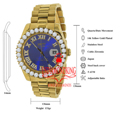Pre-owned Bling Master Mens Solid Steel Blue Dial 18k Gold Simulated Diamonds Presidential Watch 42mm