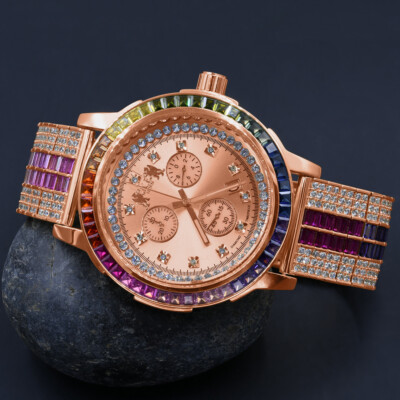 Pre-owned Ice House 18k Rose Gold Tone Solid Steel Bezel Real Diamond Dial Rainbow Multi Tone Watch