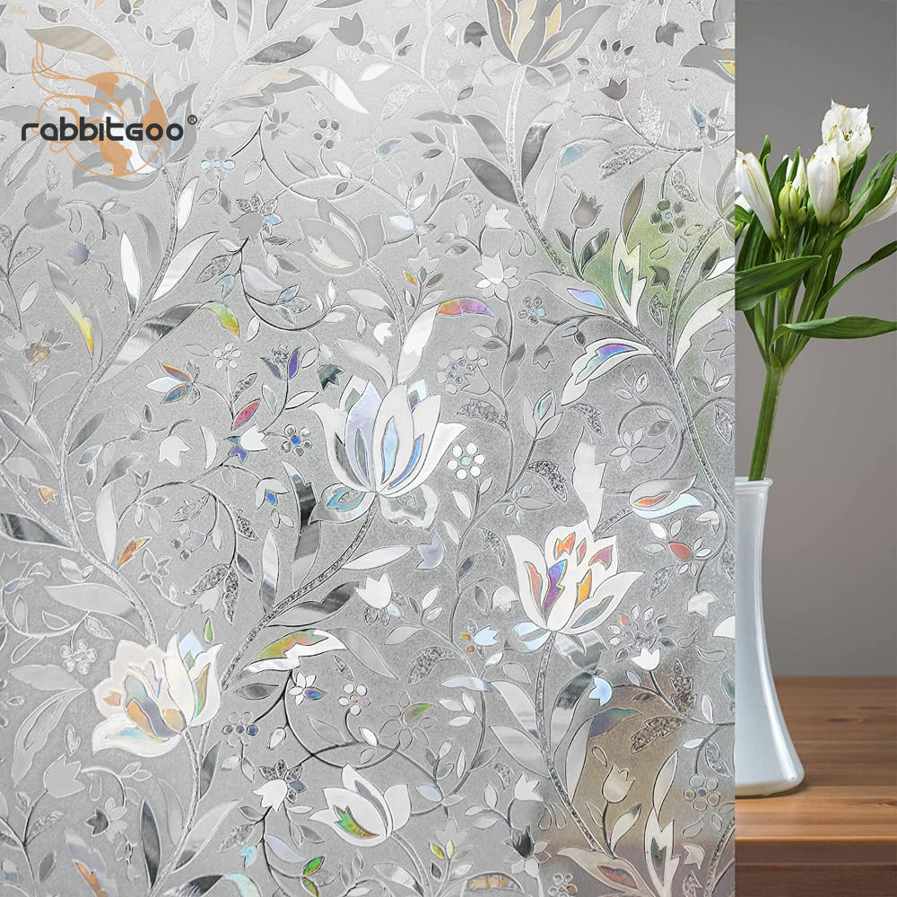 rabbitgoo 3D Decorative Window Film Stained Glass Film Rainbow Frosted Flowers