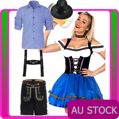 Oktoberfest Couple Costume Lederhosen Blue Womens German Beer Maid Mens Bavarian
