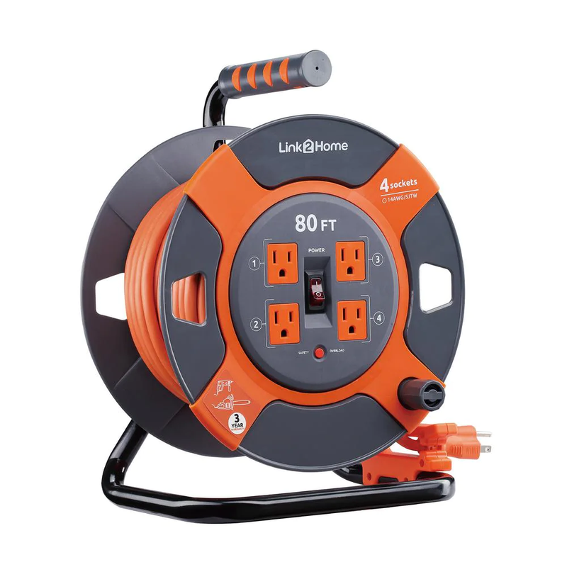 "Link2Home 80 ft. 14 3 Extension Cord Storage Reel with 4 Gr