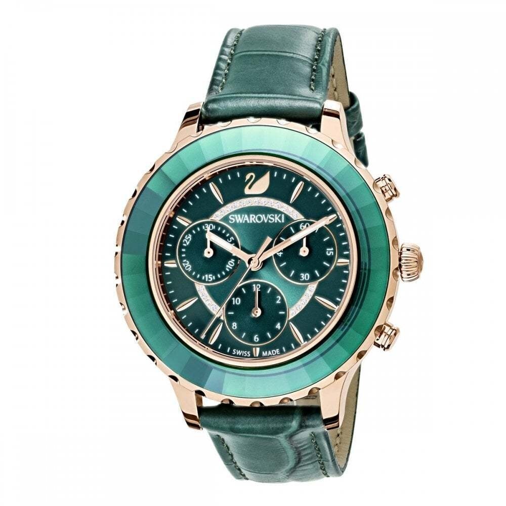 Pre-owned Swarovski 5452498 Octea Lux Green Leather Strap Rose-gold Tone Pvd Chrono Watch