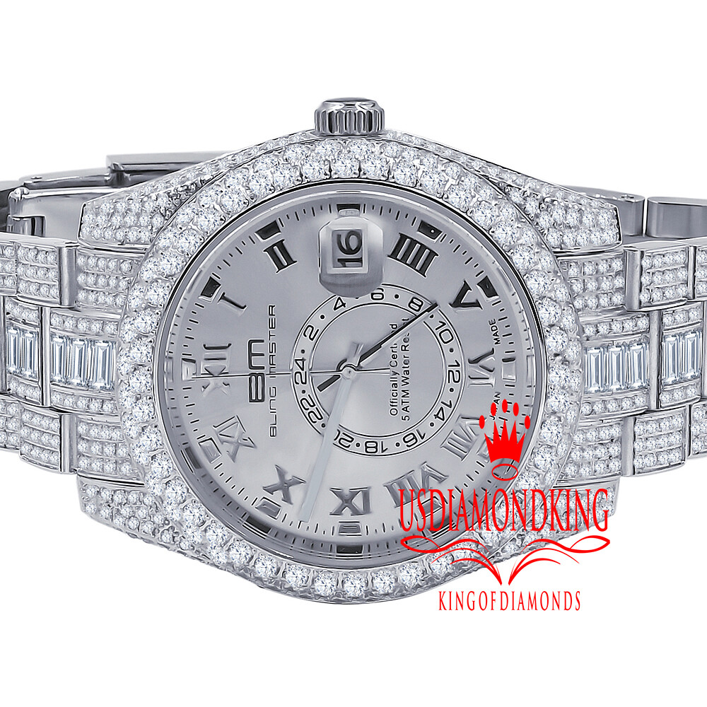 Pre-owned Bling Master Mens Stainless Steel 18k White Gold Finish Simulated Diamond Watch 42mm W/date