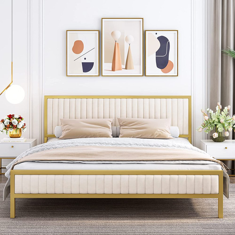 Upholstered Platform Bed Frame tufted velvet fabric Headboard Wooden Slat King