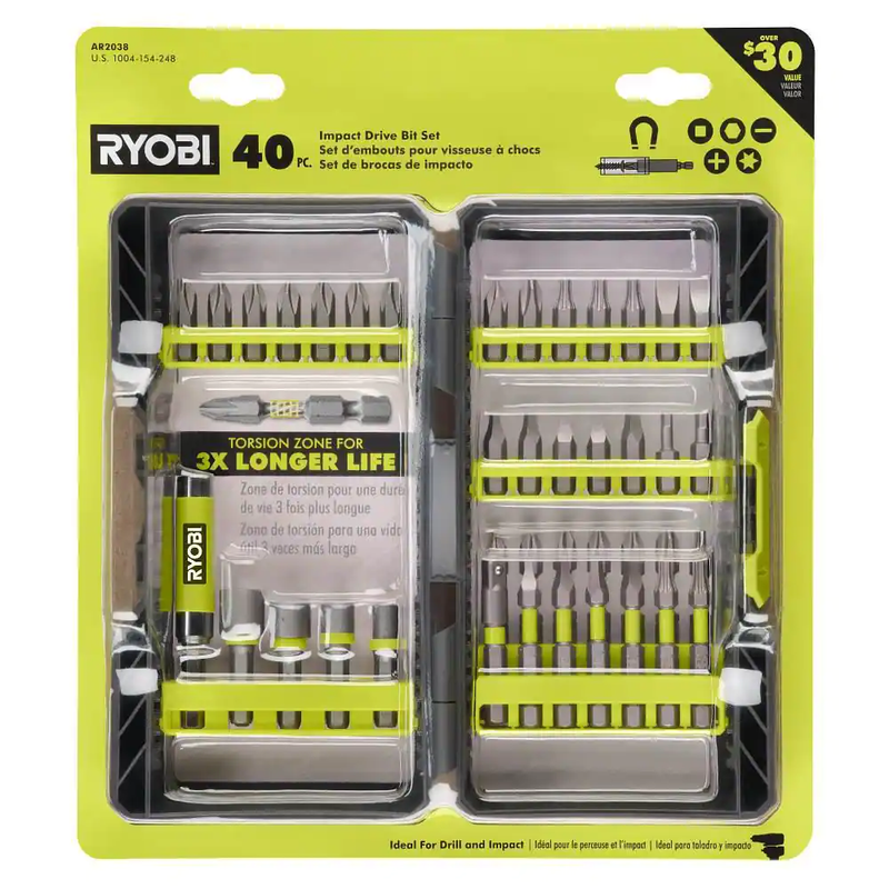 NEW Durable RYOBI 40-PCS Impact Rated Driver Drill Starter Kit with Storage Case