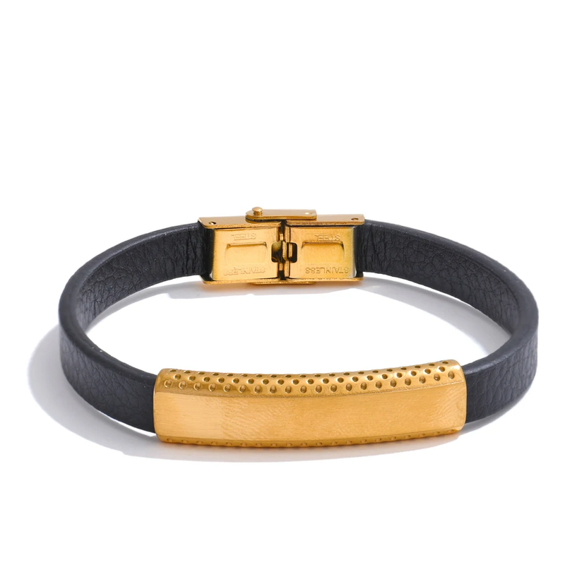 21Cm Wrist Unique Black PU Leather Mens Bracelet Bangle Stainless Steel Jewelry