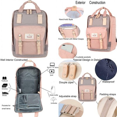 Himawari School Waterproof Backpack 14.9'' College Vintage Travel pink&Gray 