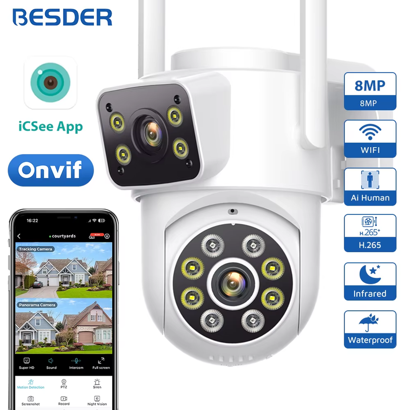 8MP PTZ Wifi Camera Outdoor Night Vision Dual Screen Human Detection 4MP Securit