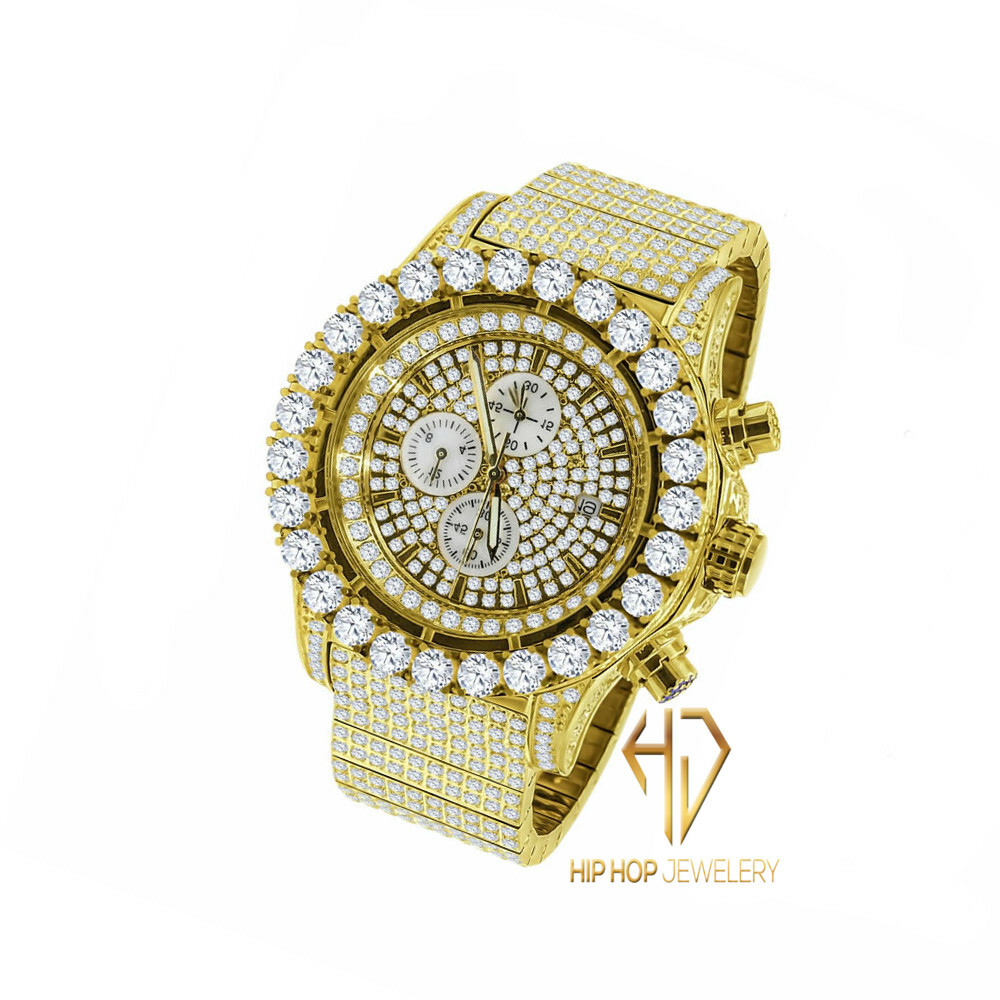 Pre-owned Blingmaster Men's Solid Stainless Steel Yellow Gold Tone Simulated Diamond Custom Watch 48mm