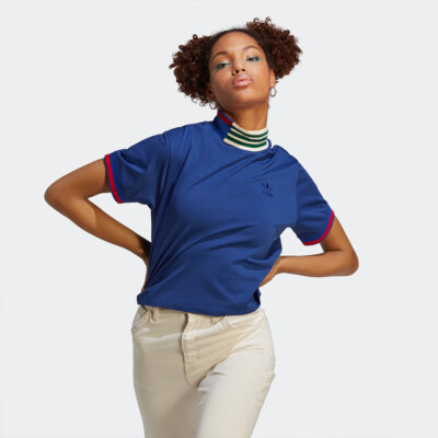 

adidas Originals Wmns Футболка с ребристым воротником для женщин, укороченная, стильная, синяя победа, Синий, adidas Originals Wmns Rib Collar Crop Lifestyle T-Shirt
