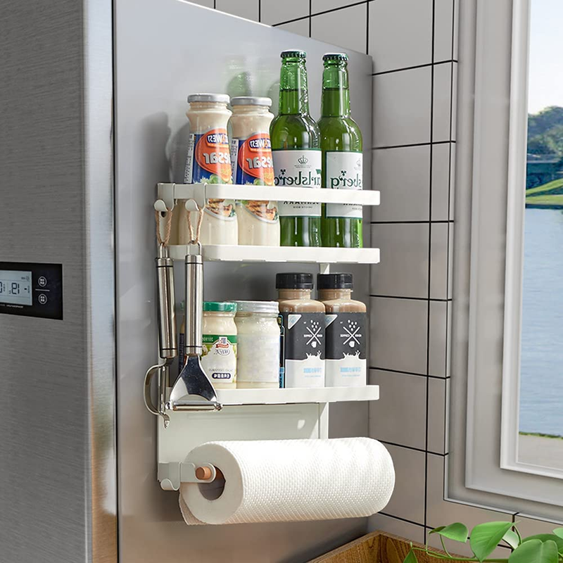 Magnetic Spice Rack Moveable Fridge Kitchen Shelf Organizer Paper Towel Holder