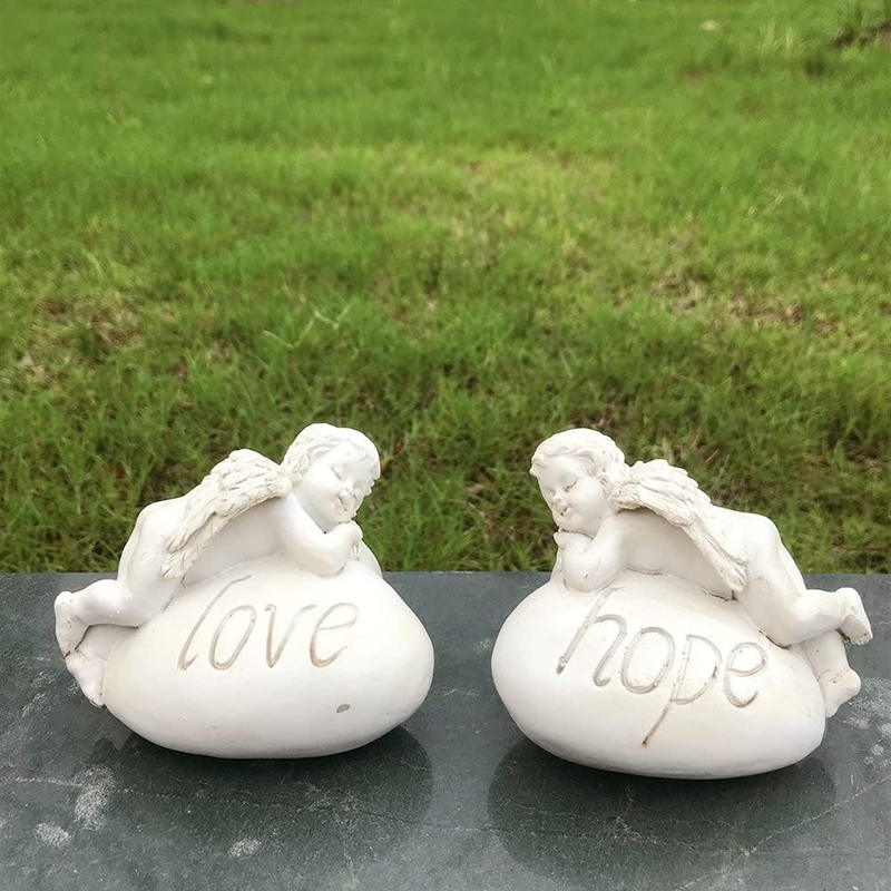 Set of 2 Cherubs Angels Garden Statues Figurine, Home Garden Guardian Angels Decoration, Adorable Wings Angel Sculpture Memorial Statue with Love Hope Sign