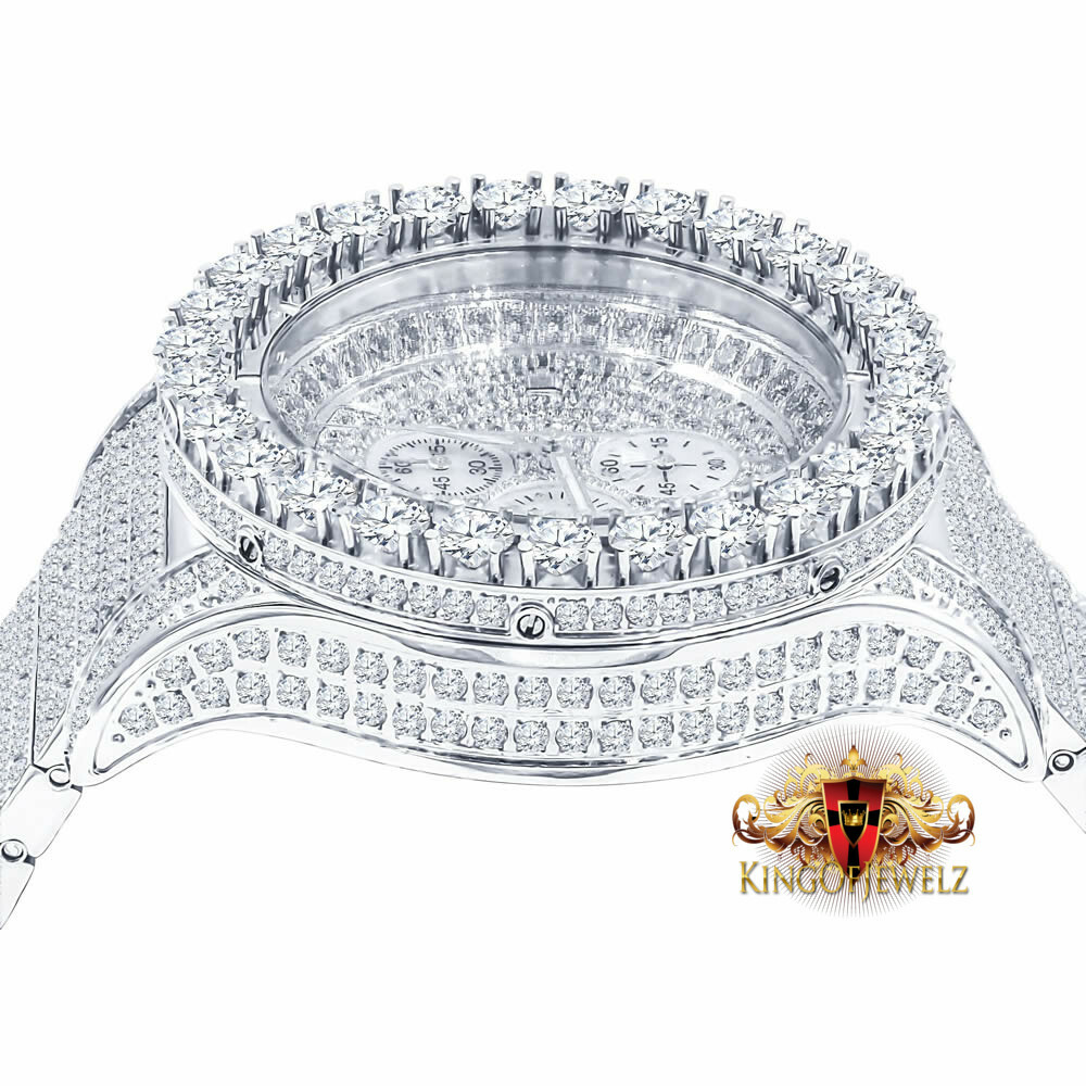 Pre-owned Blingmaster Solid Stainless Steel White Gold Tone Simulated Diamond 10 Row Band Watch 48mm