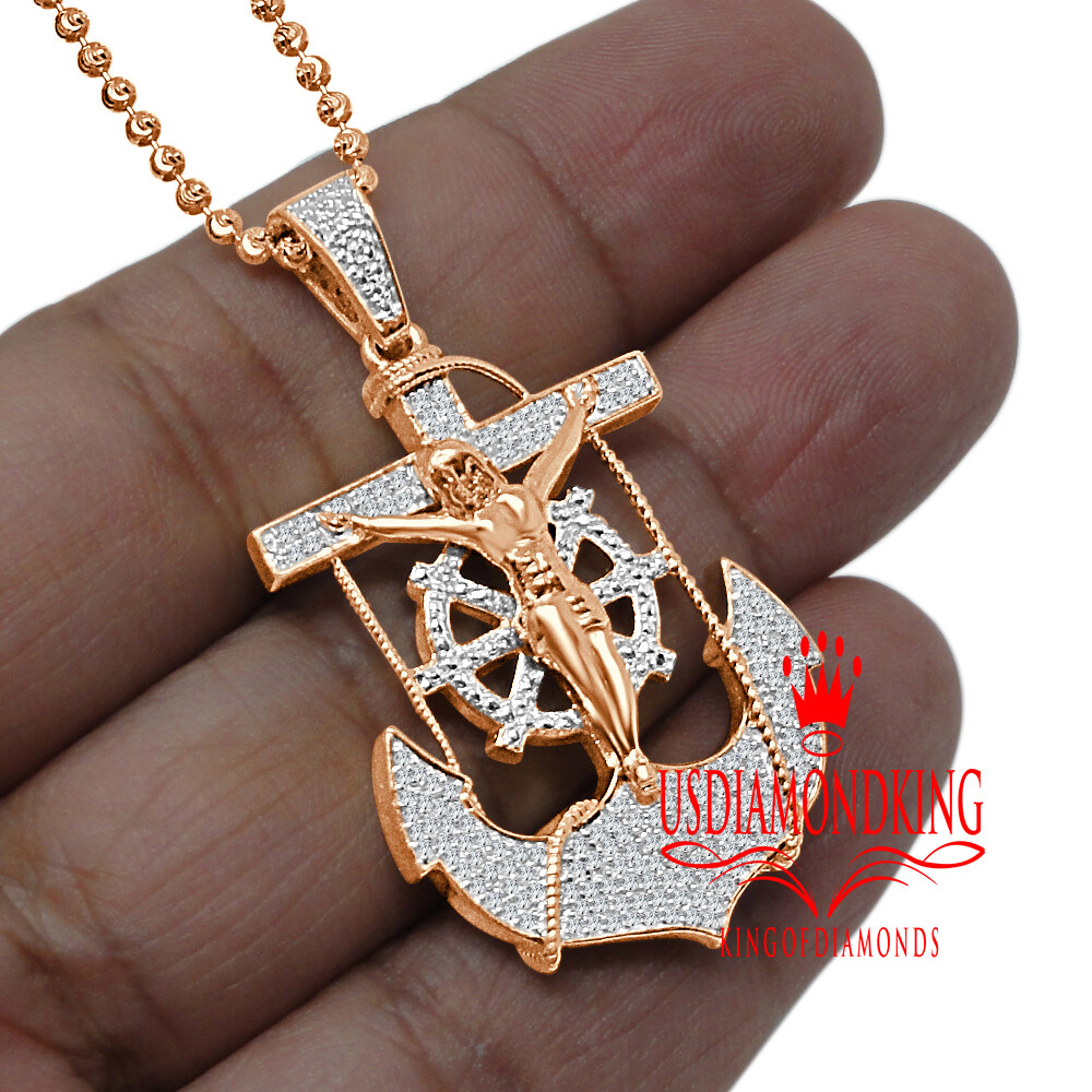 Pre-owned Us Diamond King Real Diamond Jesus Anchor Cross Crucifix Piece Rose Gold Pendant Charm Chain Set In H