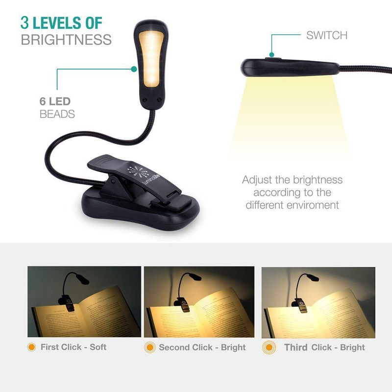 LuminoLite B076SVC7SN Rechargeable 3000K Warm 6 LED Book, Easy Clip Lights Bed.