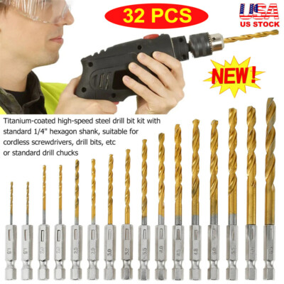 32x Drill Bit Set Titanium Coated HSS High Speed Steel Hex Shank Quick Change US