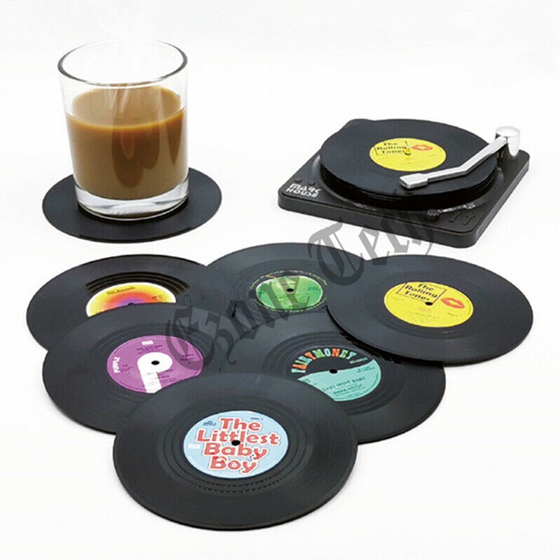 6 Pack Cup Pad Mat Holder Drink Coaster with Holder Vinyl CD Record Home Decor