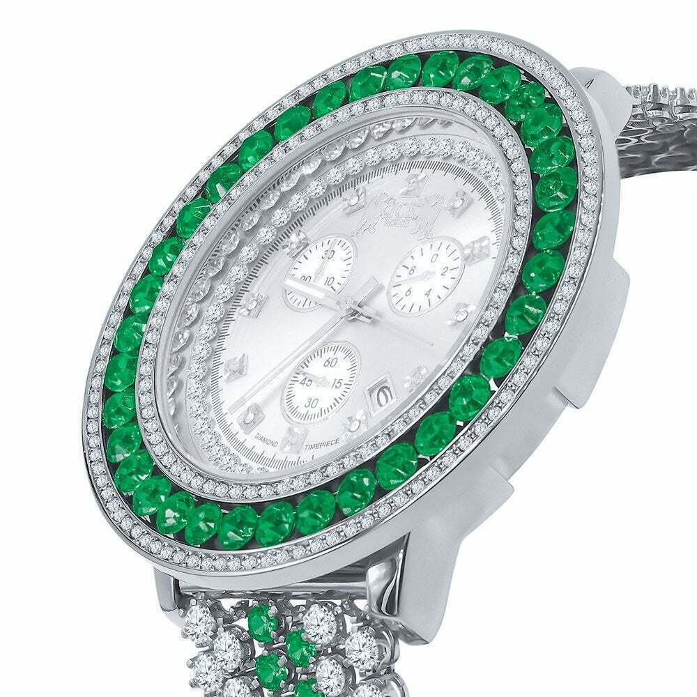 Pre-owned Ice House Mens Green Emerald Xxl Custom Watch Real Diamond Dial 18k White Gold Finish Date