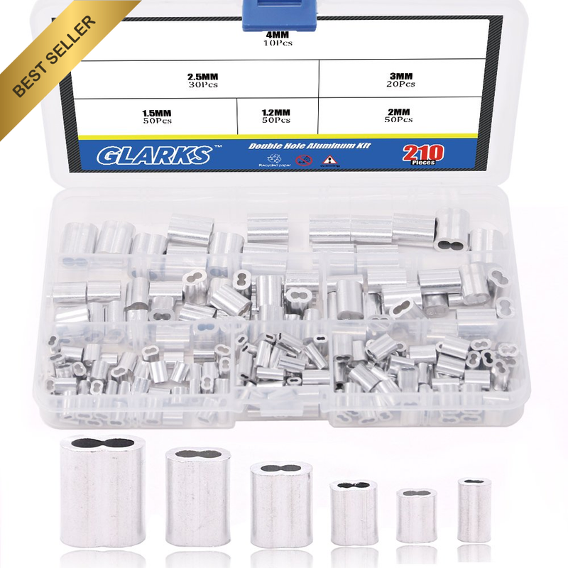 210Pcs 6 Size Aluminum Double Barrel Ferrule Crimping Loop Sleeve for Wire Rope
