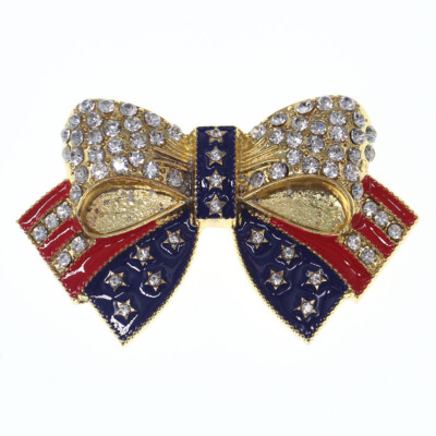 Gold Tone Rhinestone Crystal Patriotic Enamel USA Flag Bow-knot Shape Brooch Pin