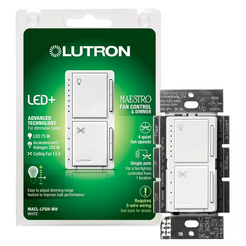 Lutron Maestro Fan Control LED Dimmer Switch 4 Speed Single Pole Light Control