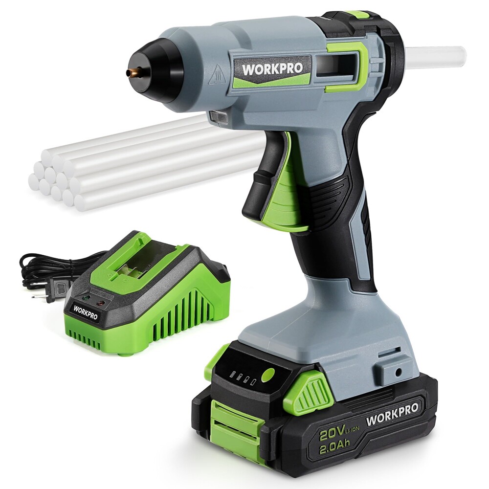 WORKPRO Cordless Hot Glue Gun Kit 20V Rechargeable Melt Glue Gun 12PC Glue Stick