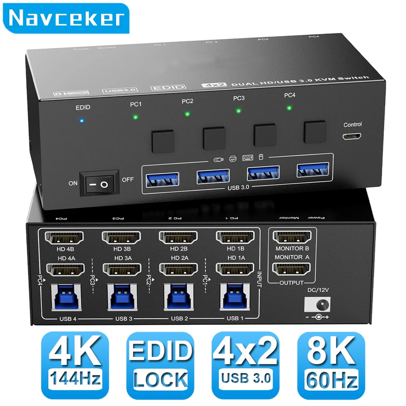 8K KVM Switch HDMI 4 Port 4K 120Hz USB 3.0 KVM Switch 4 PC 2 Monitor EDID Emulat