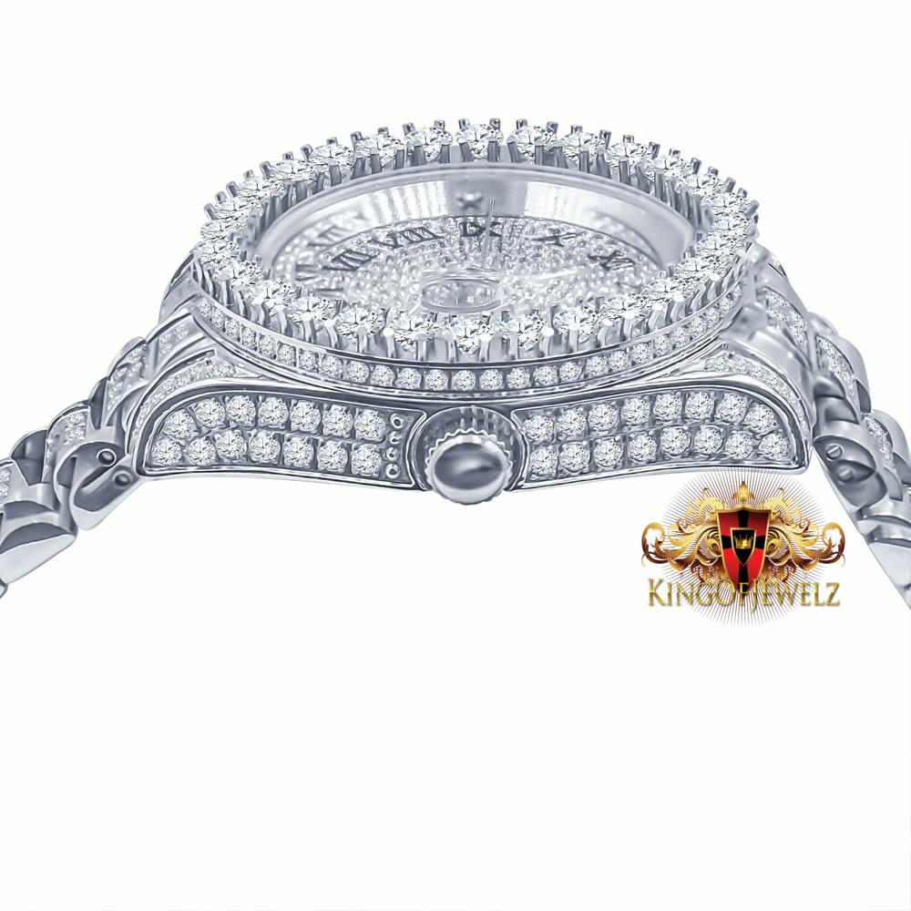 Pre-owned Blingmaster Men's White Gold Tone Stainless Steel Presidential Watch 41 Mm Simulated Diamond
