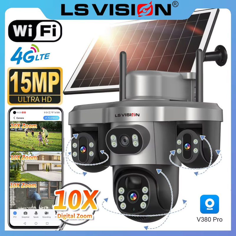 15MP Three Screen 4G Solar Security Camera Wifi Outdoor 10X Zoom 3 PTZ 360° Auto
