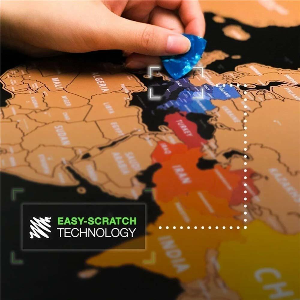 Scratch Off World Map Includes Scratching Tools & 50+ Multi-Colored Pins 32 x 23