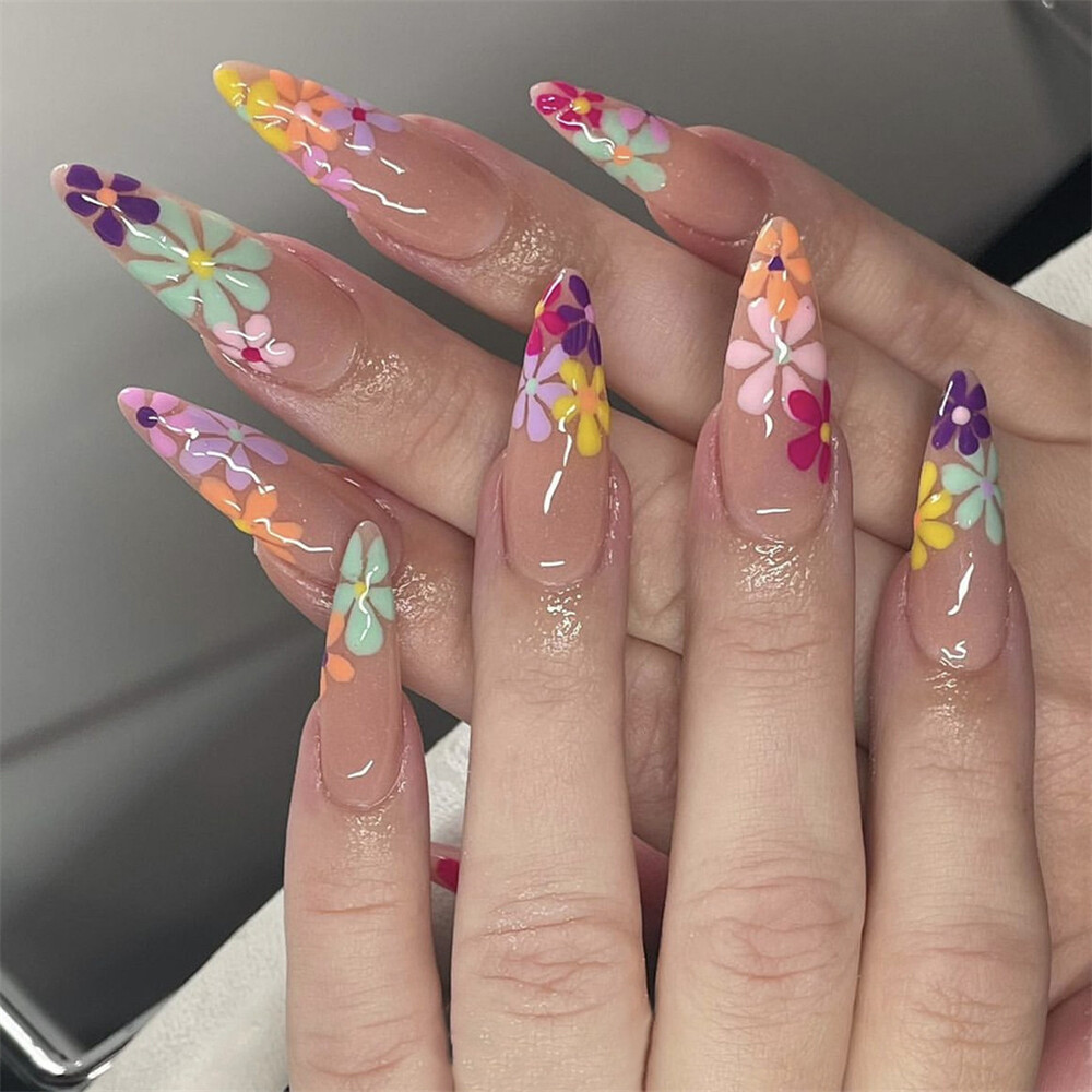 JUSTUNX Fake Nails Set – 24 Stück Mandelblumen-Nageldesign Mit Schlangenmuster Für Halloween & Party