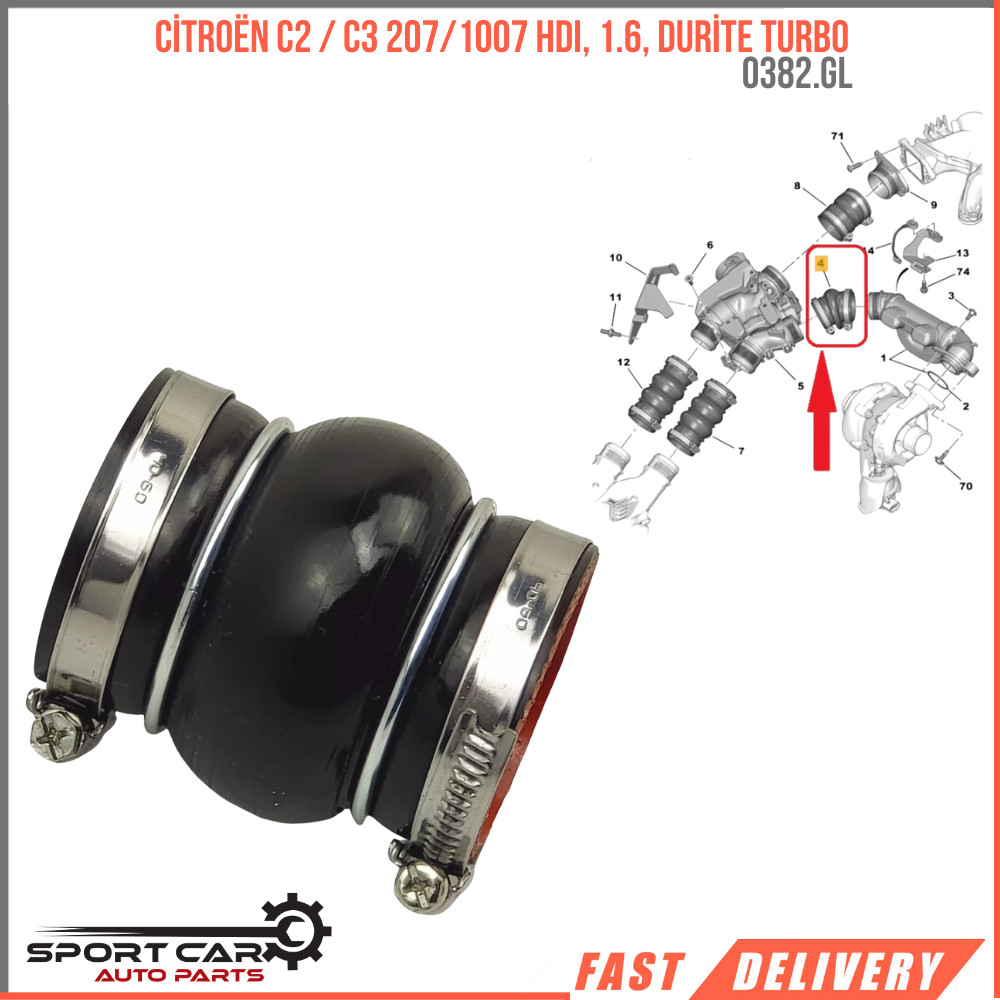 Durite turbo pour Citroën C2 / C3 207/1007 HDI, 1.6, 1.6, Oem 0382.GL