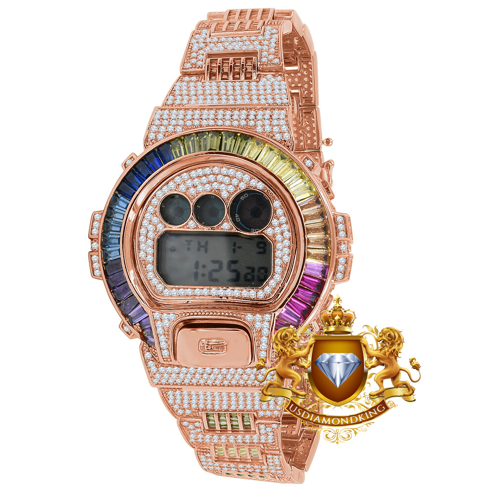 Pre-owned Usdiamondking Baguette Rainbow Multi Rose Gold Casio Shock Authentic Dw-6900 Custom Watch